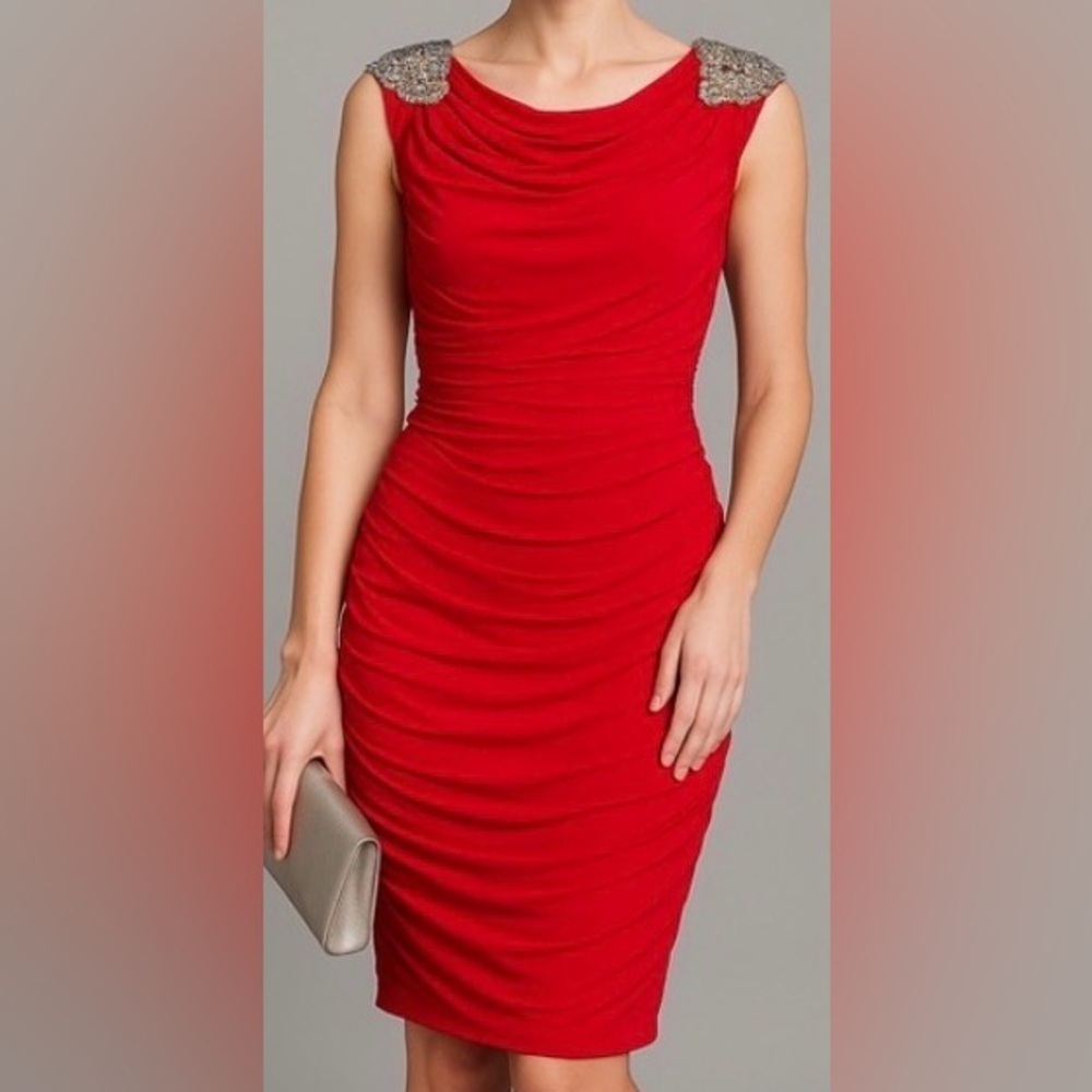 JS Boutique Red Rhinestone Embellished Ruched Cocktail Holiday Dress Size 12